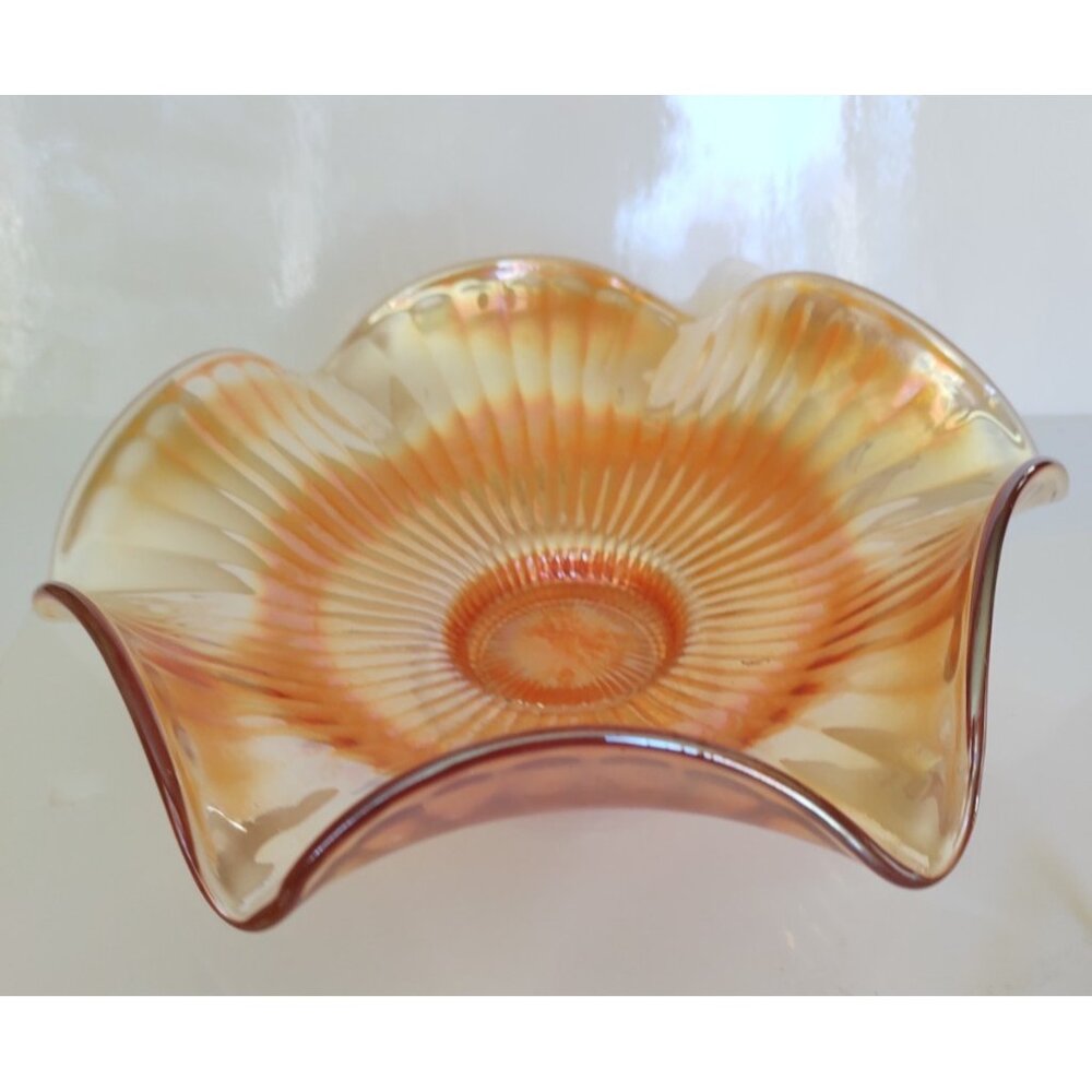 Vintage Marigold Ribbed and Ruffled  Iridescent Carnival Glass 9 1/4-Inch Bowl
